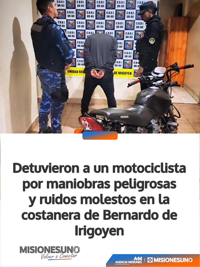 Detuvieron a un motociclista por maniobras peligrosas y ruidos molestos en la costanera de Bernardo de Irigoyen